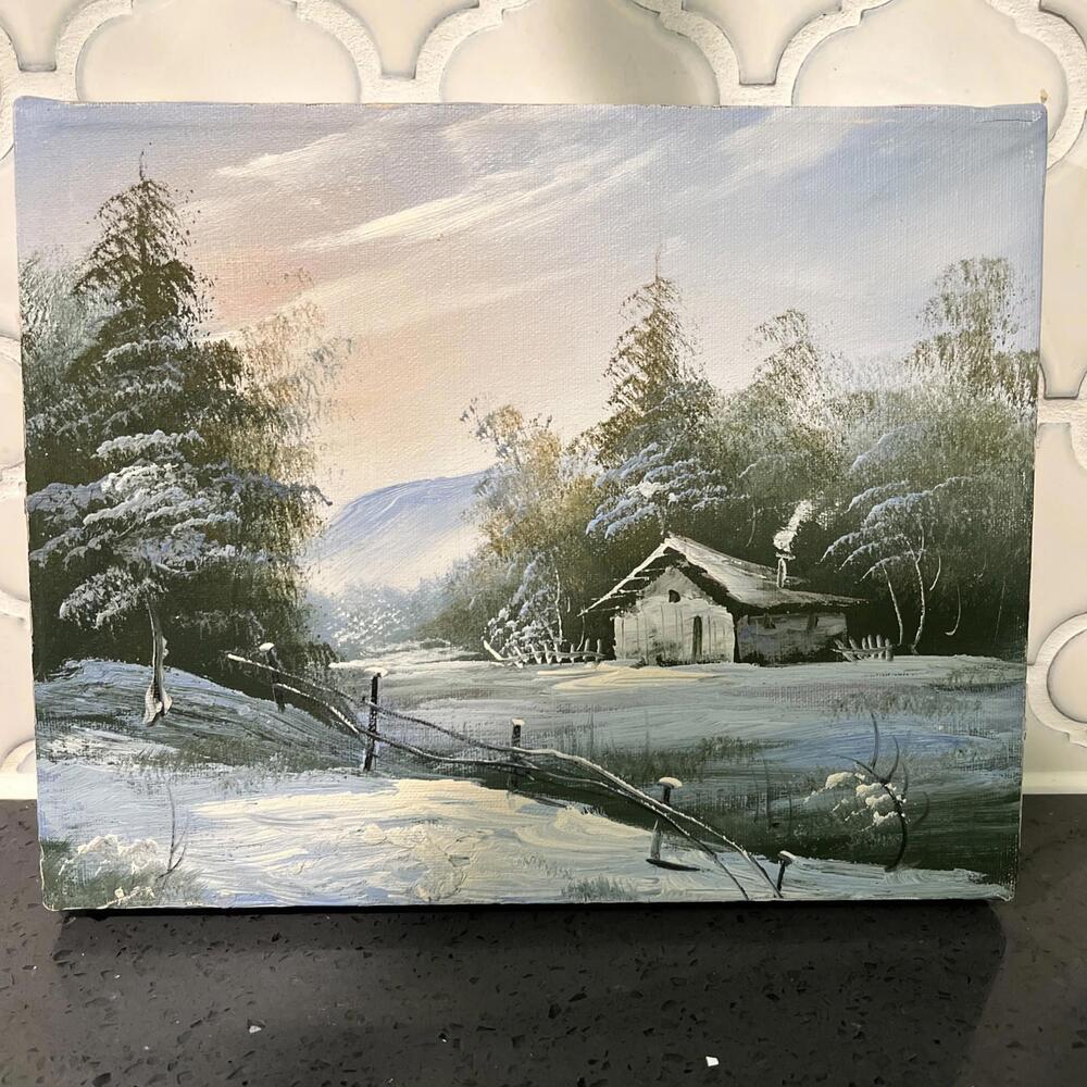 10x8 Folk Art Winter Forest Snow Scene Mountains Oil Painting Canvas Panel